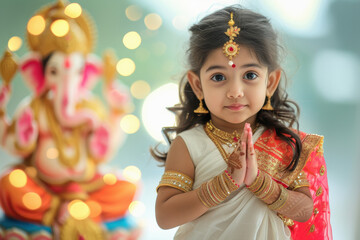 Poster - Indian cute girl wearing traditional white color dress and prayer, and side table top a big colourful and beautiful lord Ganesha statue.