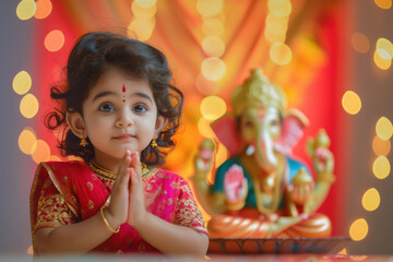 Wall Mural - Indian cute girl wearing traditional dress and prayer, and side table top a big colourful and beautiful lord Ganesha statue. on light bokeh background.