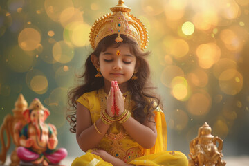 Poster - Indian cute girl wearing traditional dress and prayer, and side table top a big colourful and beautiful lord Ganesha statue. on light bokeh background.