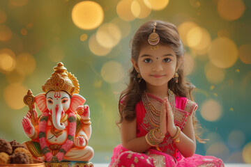 Wall Mural - Indian cute girl wearing pink colour dress and prayer, and side table top a big colourful and beautiful lord Ganesha statue. on light bokeh background.