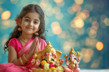 Wall Mural - Indian cute girl wearing pink colour dress and prayer, and side table top a big colourful and beautiful lord Ganesha statue. on light bokeh background.