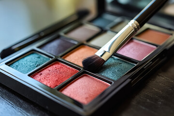 A close up of a makeup palette with a brush on a table