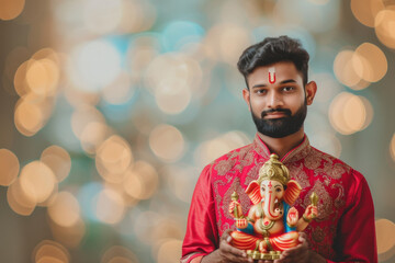 Wall Mural - Young indian man in traditional wear holding lord ganesha sculpture in hand