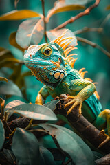 Poster - A green iguana sitting on a tree branch