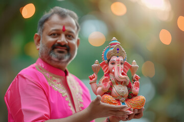 Wall Mural - Senior indian man holding lord ganesha sculpture