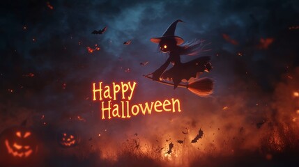 Dark Witch Flying on a Broomstick at halloween night, 3d render