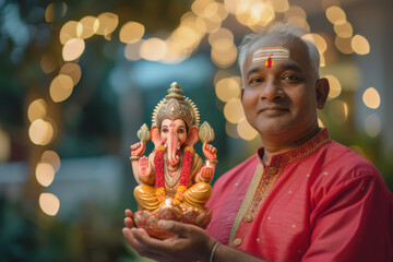 Wall Mural - Senior indian man holding lord ganesha sculpture