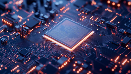 Poster - 3D rendering of the chip, Blue computer electronic chip with blue glow, multiple filter effect and glowing light effects on top.
