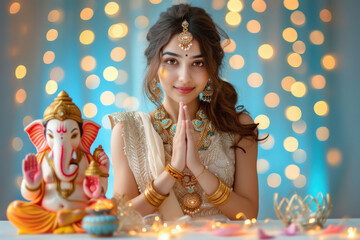 Sticker - young Indian woman wearing cream colour dress and prayer, and side table a big colourful and beautiful lord Ganesha statue.