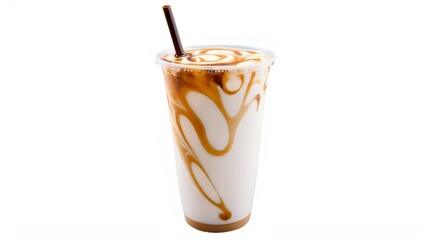 Wall Mural - Iced caramel macchiato in a plastic cup, showing the beautiful swirls of coffee, milk, and caramel isolated