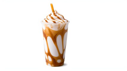 Wall Mural - Iced caramel macchiato in a plastic cup, showing the beautiful swirls of coffee, milk, and caramel isolated