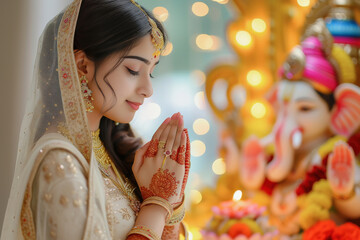 Sticker - young Indian woman wearing cream colour dress and prayer, and side table a big colourful and beautiful lord Ganesha statue.