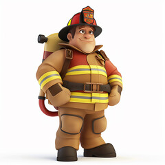 a firefighter in full gear, standing confidently, white background