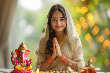 young Indian woman wearing cream colour dress and prayer, and side table a big colourful and beautiful lord Ganesha statue.