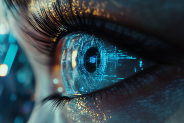 Close-up of a human eye with embedded digital circuitry and a glowing blue iris, set against a neon-lit cityscape at night, symbolizing the fusion of machine vision technology with human perception.