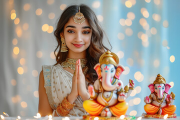 Wall Mural - young Indian woman wearing cream colour dress and prayer, and side table a big colourful and beautiful lord Ganesha statue.