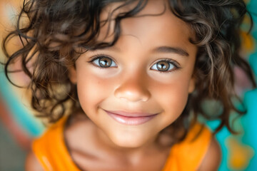 Poster - A little girl with curly hair smiles at the camera