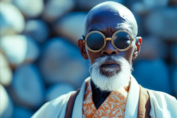 Poster - A man with a white beard wearing a white robe and sunglasses