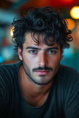 Wall Mural - A man with curly hair and a beard sitting at a table.