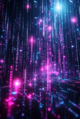 Poster - Digital rain of data streams, neon lights and binary code, immersive and complex, cybernetic feel