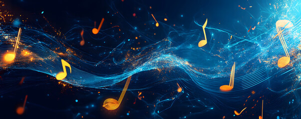 Music notes on blue wave background design