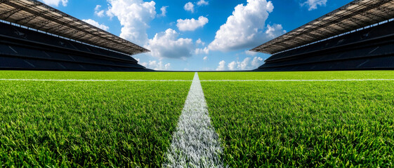 a vibrant football field with lush green grass beneath a blue sky, perfect for sports events and out