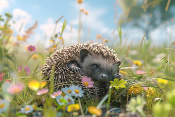 Wall Mural - A hedgehog curled up amongst wildflowers in a lush meadow.