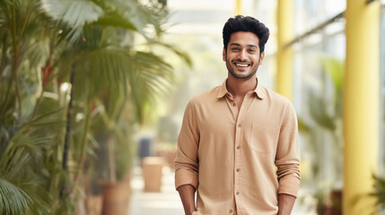 A man is smiling and wearing a tan shirt