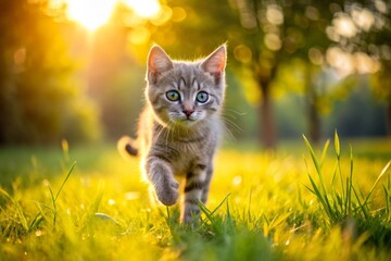 A cat is walking through a grassy field with the sun shining on it