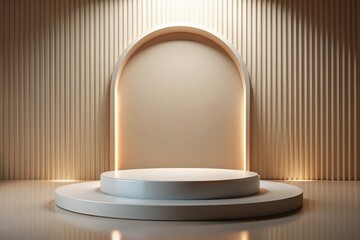 Wall Mural - Minimalist mockup with blank stage and round podium for showcasing modern abstract backgrounds, template, modern, podium, platform, mockup, stage, minimalist,showcase, background, exhibit