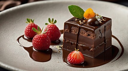 Wall Mural - A chocolate cake with strawberries and mint leaves on top