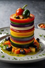 Wall Mural - A colorful vegetable tower is on a white plate