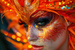© Firn - Close up of woman's face with Halloween phoenix bird costume makeup with feathers