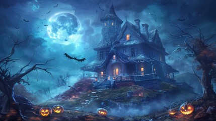 Wall Mural - a spooky halloween scene featuring a haunted house on a hill, surrounded by gnarled trees and illumi