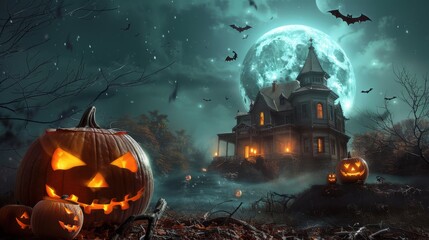 Wall Mural - a spooky halloween scene featuring a haunted house on a hill, surrounded by gnarled trees and illumi