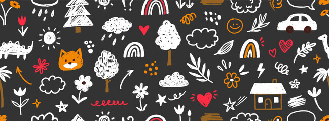 Poster - Cute kid child element vector seamless pattern. Hand drawn doodle sketch children cute vector school chalk background. Kids doodle crayon style line flower, cloud doodle pattern. Vector illustration