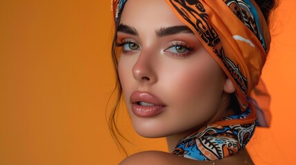 Portrait of beautiful woman with makeup and bright ethnic scarf on her head on orange background.