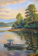 Canvas Print - Tranquil River Scene with Boat and Lush Greenery.