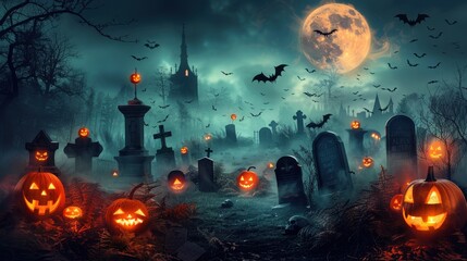 Wall Mural - a halloween background featuring a spooky graveyard scene with tombstones, eerie fog, and glowing ja