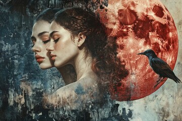 Wall Mural - woman with bird by full moon