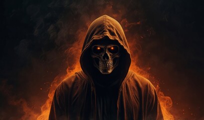 Wall Mural - Mysterious hooded figure with a skull face surrounded by orange smoke on a dark background, concept of horror and fantasy