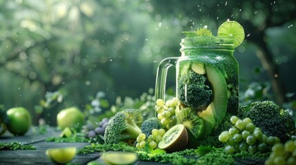 Sticker - Green Smoothie with Fruits and Vegetables on a Wooden Table