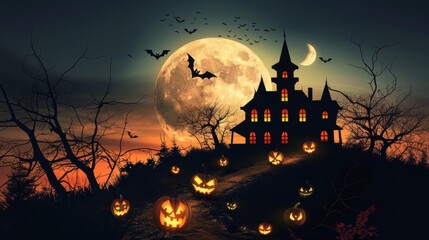 Wall Mural - a spooky halloween background showcasing a haunted house on a hill, silhouetted against a full moon,