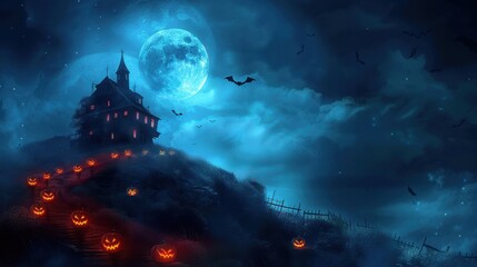 Wall Mural - a spooky halloween background showcasing a haunted house on a hill, silhouetted against a full moon,