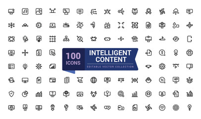 Intelligent content icon set with creativity, evaluating and content. Pixel perfect, minimalistic web and UI icon. Outline icon collections.