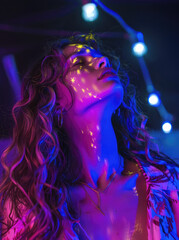 Wall Mural - A beautiful woman with wavy hair, wearing blue and pink neon lights on her face, singing in the nightclub. 