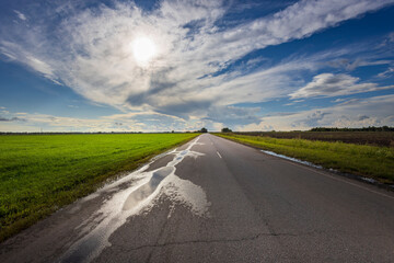 Wall Mural - a tranquil landscape showcases an empty road stretching toward the horizon, flanked by green fields 