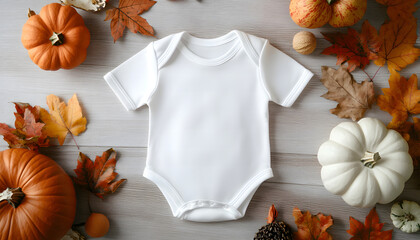 White baby bodysuit mock-up, Halloween-themed, on a wooden background  design