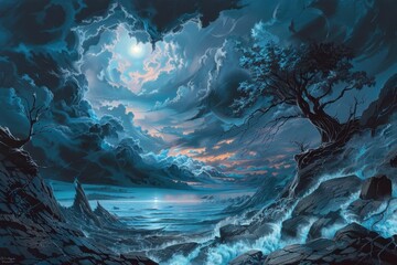 Wall Mural - A lone tree stands tall on a rocky shore with a full moon illuminating the dramatic sky