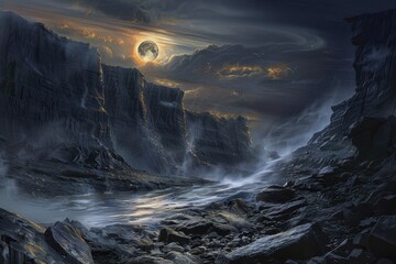 Wall Mural - A moonlit landscape with craggy cliffs and a flowing stream